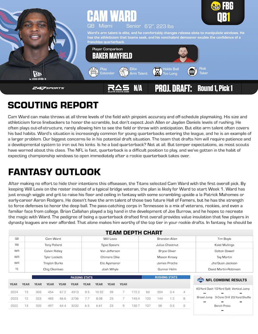 cam ward, footballguys, nfl rookies,