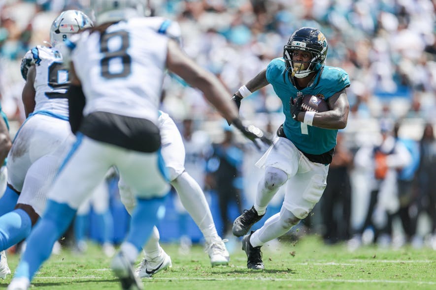 © Nathan Ray Seebeck-Imagn Images, travis etienne, fantasy football, rest of season rankings, footballguys,
