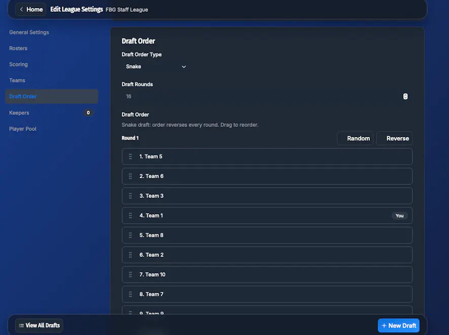 Draft Dominator Teams and Draft Order